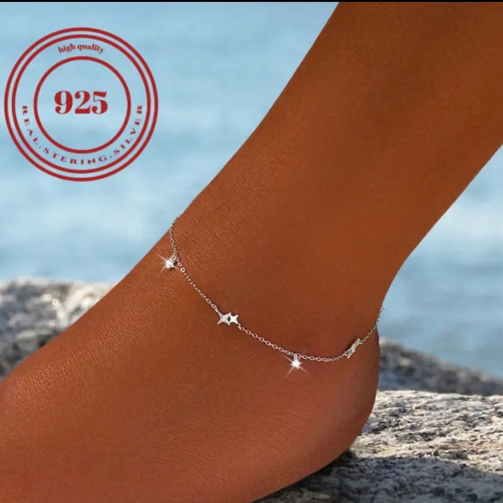 Sterling silver S925 anklet, Bohemian style double heart Zircon adjustable